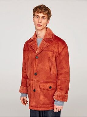 Zara Man Burnt Orange Suede Shearling Lined Jacket - Size XL